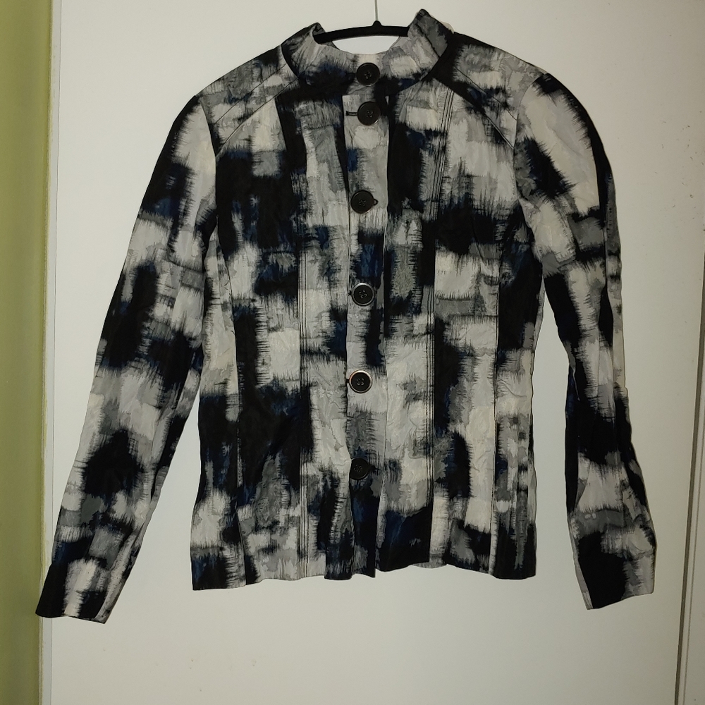 Chicos Size Button Down Black Gray Blue Blend Jacket Nylon Blend.